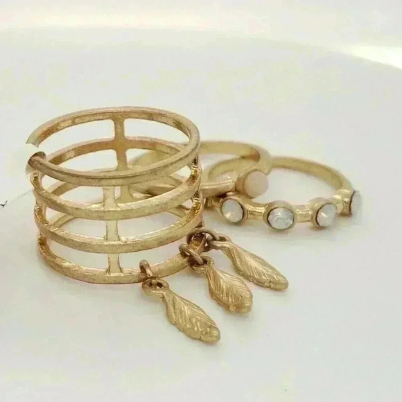 NEW 18k Gold over Silver Boho Opal Leaf Dangle 3 Piece Stack Ring - Picture 3 of 5